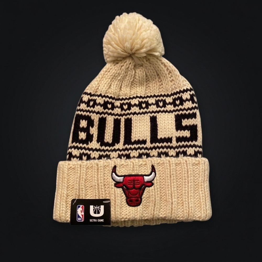 NWT NBA Ultra Game Chicago Bulls Knit Pom Beanie Hat Cream Black Red Winter Cap